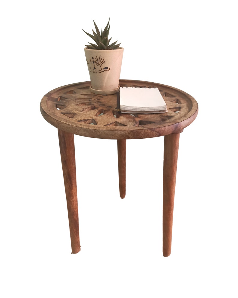 Hand Carved Round Coffee Table Wooden Foldable Table Boho Wooden Plant Standsolid Mango Wood