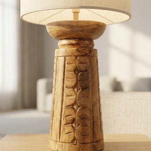 Hand Carved Mango Wood Table Lamp Base, Unique Vintage Wooden Pedestal Light, Rustic Boho Home Decor, Artisan Single Piece Lamp