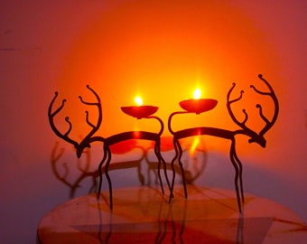 Deer tea light holder hand made wrought iron decor by tribal artists of India