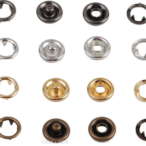 25 Sets Open Ring Prong Snaps Fasteners Cloth Buttons Gunmetal Black, Antique Brass, Silver, Gold 9.5mm 11mm 13mm Baby Dummy Clip