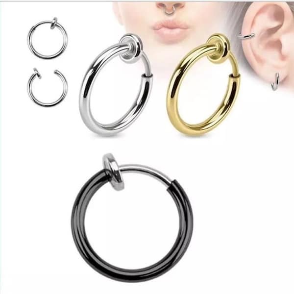 1 Pair Spring Clip On Hoops Earrings 1/2 inch or 13MM Colors: Silver, Gold, Jet Black, Gray Black, Magenta, Turquoise, Pink, Red, Blue