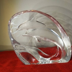 Mats Jonasson Signed Swedish Crystal  Sculpture Paperweight - Jumping Dolphins #3524 5.75&quot; Large
