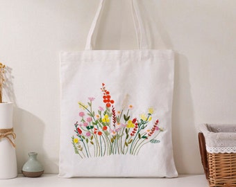 Kit de bolsa de lona con bordado de flores silvestres para principiantes, kit completo de bordado de bolsa de mano blanca con flores y instrucciones en inglés