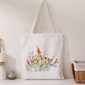 Wildblumen Stickerei Canvas Kit für Anfänger, Blumen Floral weiße Tragetasche Stickerei Nadelfertigkeit Full Kit mit englischer Anleitung (Anleitung).