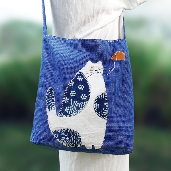 Patchwork Tote Bag, Wide Straps Women's Shoulder Bag/Cross-body Bag with Cat Pattern, Hand Embroidered/Sewing Blue Batik Cotton Cloth Bag