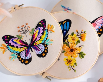 Butterfly Flower Embroidery Starter Kit for Beginners, Stamped Flora Hand Embroidery Kit, Easy Adults Needlepoint Craft Kits-8in