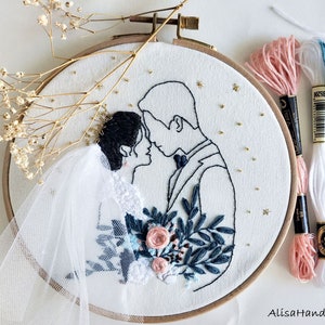 Customizable Wedding Embroidery Kit, Bride In Wedding Dress, Floral Couple Portraits Embroidery Hoop, DIY Newlywed Wedding Gift-8in