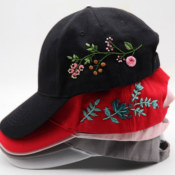 Hand Embroidered Flower Baseball Cap Kit or Finished, Learn to Embroider Floral Hat, Womens Baseball Caps, Simple Embroidery Project