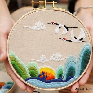 Chinese Landscape Embroidery Kit,White Crane Embroidery,Sunrise Mountains Kit,Hand Embroidery Kit,DIY Wall Hanging Kit-6 Inch