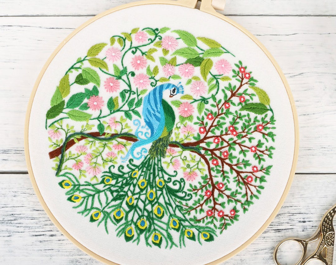 Beginner Embroidery Kit, Spring Flowers and Peacocks Embroidery