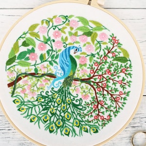 Beginner Embroidery Kit, Spring Flowers and Peacocks Embroidery Pattern, Modern Hand Embroidery Kit, Adults Craft Kit-8in