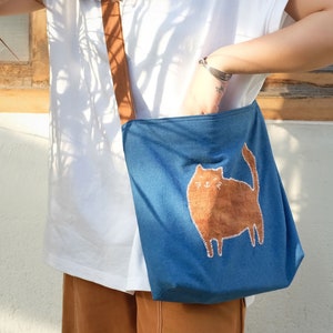 Summer Orange Kitten Patchwork Embroidered Shoulder bag, Hand Dyed Blue Crossbody Bag for Women, Lightweight Casual Cloth Tote Bag image 3