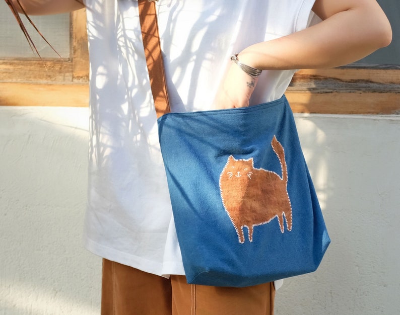 Summer Orange Kitten Patchwork Embroidered Shoulder bag, Hand Dyed Blue Crossbody Bag for Women, Lightweight Casual Cloth Tote Bag image 3