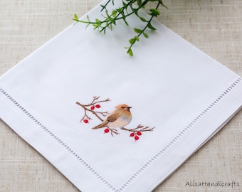 Hand Embroidered Mens Handkerchief - 100% Cotton White Hankie, Embroidered Thrush Bird Hanky, Gift for Husband-40x40cm