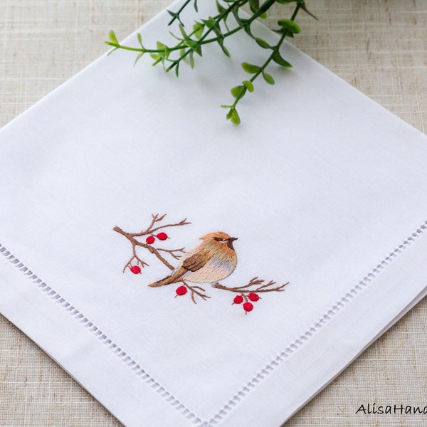 Hand Embroidered Mens Handkerchief - 100% Cotton White Hankie, Embroidered Thrush Bird Hanky, Gift for Husband-40x40cm
