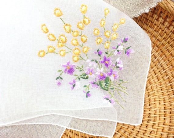 Custom Hand Embroidered Flower Handkerchief White Floral Women s