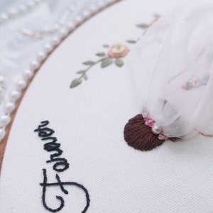 Pu&ograve; includere: Arte di ricamo su telaio con un velo di tulle bianco, fiori rosa e la parola "Forever" ricamata in filo nero.