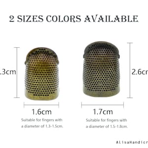 May include: Two metal thimbles in different sizes. The larger thimble is 2.6 cm tall and 1.7 cm wide. The smaller thimble is 2.3 cm tall and 1.6 cm wide.