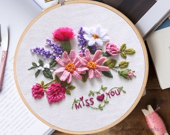 Beginner Hand Embroidery WreathFull Kit, 3D Flowers Embroidery Cirsium, Adult DIY Craft Kit, Starter Embroidery Floral Kit with Frame-8 Inch