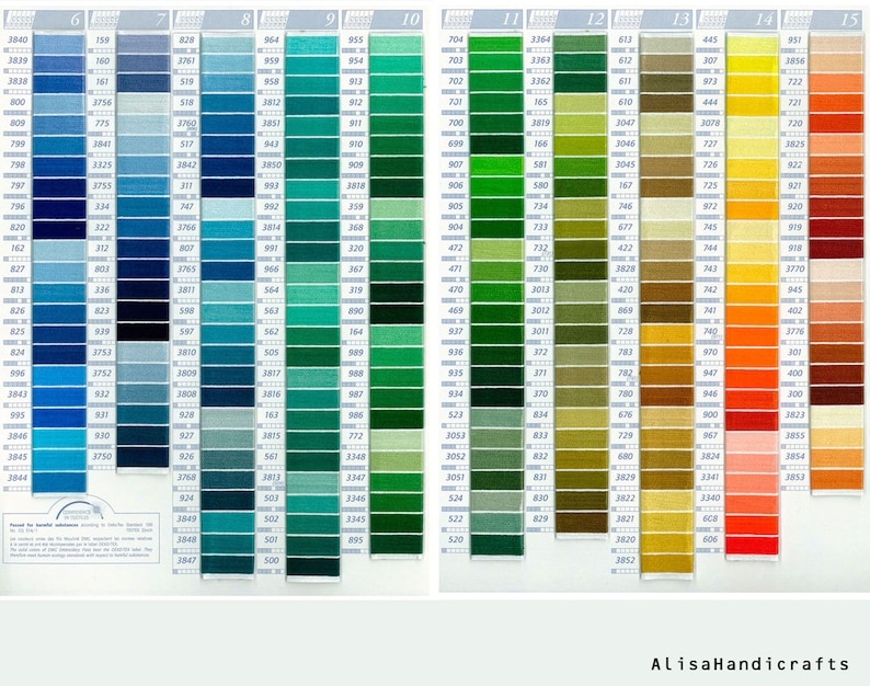 May include: A color chart with 10 rows of 15 small squares of thread, each square containing a different color. The colors range from blue to green to brown to orange to red. The chart is labeled with numbers 6 through 15.