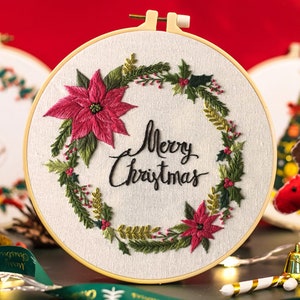 Embroidery Christmas Poinsettia Flower Kit, DIY Merry Christmas Holly Wreath Full for Beginner, Handmade Christmas Gift Ideas-8 Inch