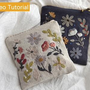 Fabric Coin Purse Embroidery Kit,Small Jewelry Bag,Beginner Sewing Embroidery Kit, Diy Needlework Sew Kit,Flower Botanical Embroidery Kit