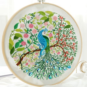 Beginner Embroidery Kit, Spring Flowers and Peacocks Embroidery Pattern, Modern Hand Embroidery Kit, Adults DIY Craft Kit-12in/32cm image 2