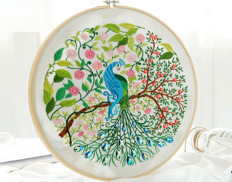 Beginner Embroidery Kit, Spring Flowers and Peacocks Embroidery Pattern, Modern Hand Embroidery Kit, Adults DIY Craft Kit-12in/32cm image 2