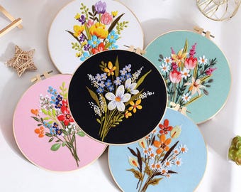 Floral Hand Embroidery Kit for Beginners: Vivid Colors, Learn To Stitch - 8in