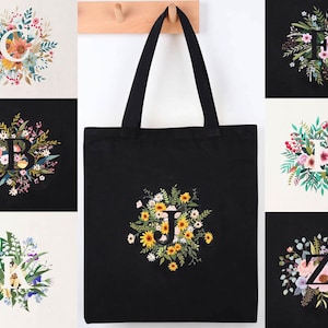 26 Initialen Blume Canvas Tasche Stickpackung, A-Z Botanisches Alphabet Tragetasche Stickpackung für Anfänger, Blumenstickerei Geschenk für Sie