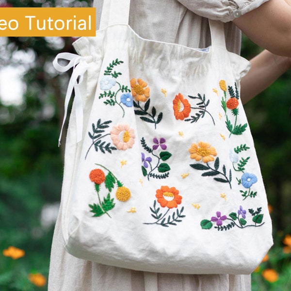 Flower Hand Embroidery Tote/Shoulder Bag with Spring Summer Autumn Floral Embroidery Pattern/Red Hibiscus DIY Needlepoint Craft Kit/Gift