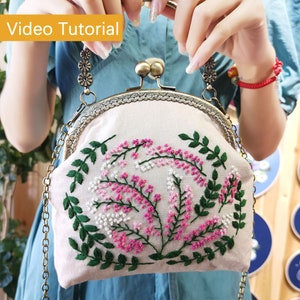 Kiss Lock Cross Body + Handtasche Tasche Stickerei Kit, Anfänger Blumen Handstickerei Schultertasche Kit mit Allem Zubehör, Make-up Beutel Frauen