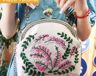 Kiss Lock Cross Body+Handbag Bag Embroidery Kit, Beginner Flower Hand Embroidery Shoulder Bag Kit with All Supplies, Makeup Pouches Women