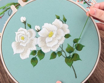 Intermediate Hand Embroidery White Camellia Kit, Embroidery Kit for Experienced, Realistic Embroidery Flowers Full Kit, Diy Craft Kit-8in