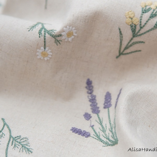 Cotton And Linen Fabric with Embroidered Flowers, Dress Fabrics, Natural Or Black Color Embroidered Flowers Cloth- Width 140cm/55"