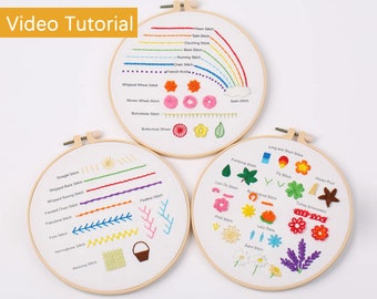 Lot de 3 kits d'échantillons de broderie, kit de points de broderie à la main arc-en-ciel pour débutants avec didacticiel vidéo - 32 points