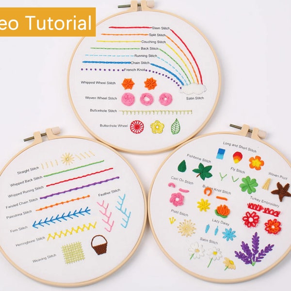 3 Pack Embroidery Sampler Kit, Rainbow Starter Hand Embroidery Stitch Kit for Beginners with Video Tutorial-32 Stitches