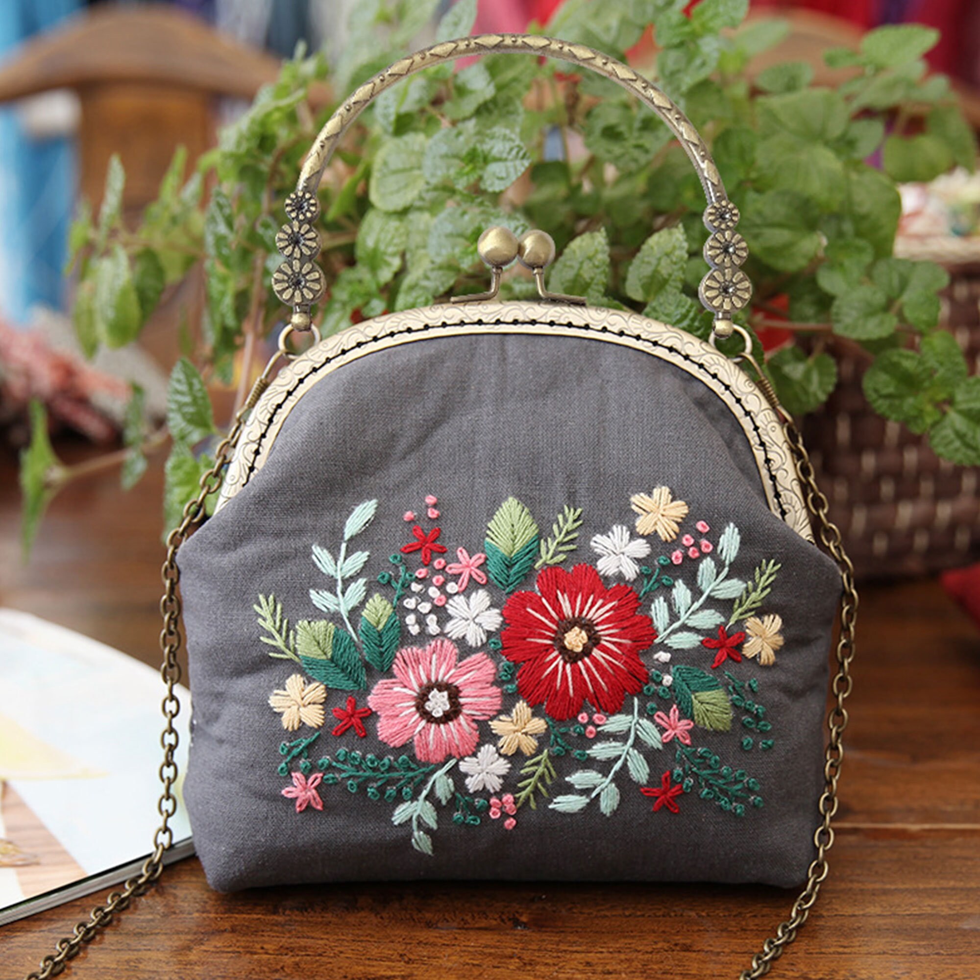 Embroidery Kiss Lock Handbag Kit With Pattern, Floral Flower