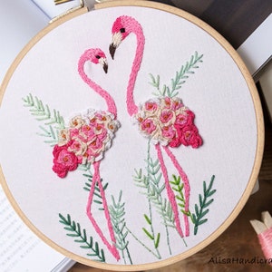 Beginner Hand Embroidery Kit, Pink Flamingo and Plant, Adult Handicraft Kit, DIY Embroidery Project, Holiday Gift-8 Inch