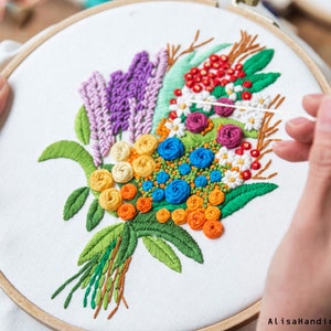 Kit de bordado para principiantes, kit de manualidades de ramo de flores para adultos, bordado moderno, decoración floral para el hogar, regalo de bordado de 8 pulgadas