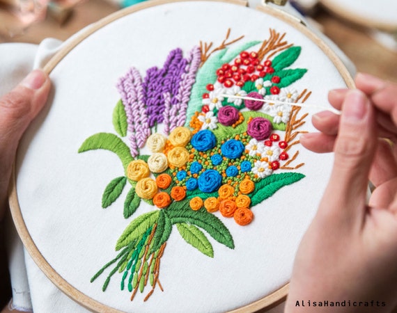 Embroidery Kit for Beginner, DIY Flowers Bouquet Craft Kit Adult, Modern  Embroidery Floral Home Decor Embroidery Gift-8in 