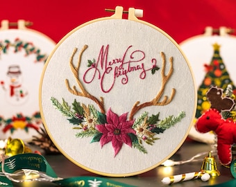 Christmas Embroidery Kit, Christmas Flower and Reindeer, DIY Hand Embroidery Kit for Beginners, 2021 Holiday Gift -8Inch
