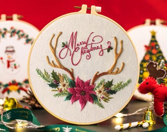 Christmas Embroidery Kit, Christmas Flower and Reindeer, DIY Hand Embroidery Kit for Beginners, 2021 Holiday Gift -8Inch