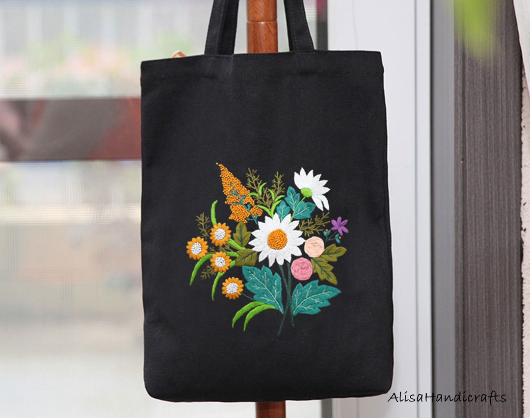 Kit De Broderie DIY Sac En Toile - Motif Floral Pré-imprimé, 38x35 Cm, Avec Fil, Aiguilles, Pour Adultes Débutants, Personnalisation