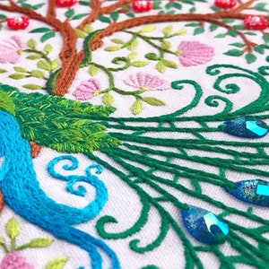 Beginner Embroidery Kit, Spring Flowers and Peacocks Embroidery Pattern, Modern Hand Embroidery Kit, Adults DIY Craft Kit-12in/32cm image 4