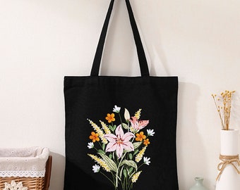 Bolsa de lona bordada a mano para principiantes, kit de bolsa de mano con bordado floral de flores, bordado de lirios silvestres, kit de bolsa de mano de costura DIY moderno