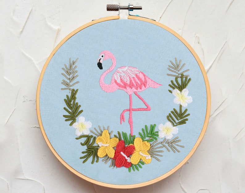 Pink Flamingo Starter Embroidery Kit, Preprinted Birds and Flowers Embroidery Kit for Beginners, with Pattern and English Instructions-8in A