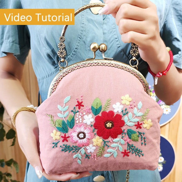 Embroidery Kiss Lock Handbag Kit with Pattern, Floral Flower Embroidery Cross Body+Handbag Bag, Hand Embroider Bag Kit with All Supplies