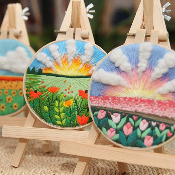 DIY Beginner Embroidery Landscape Kit, Colorful Scenery Embroidery Project, Hand Embroidery Flower, Spring/Summer Landscape Embroidery-5in