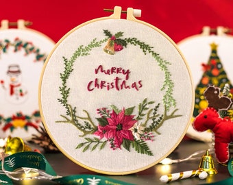Embroidery Christmas Poinsettia Flower Kit, Merry Christmas Holly and Bells Wreath, DIY Christmas Ornaments, Gift Idea-8Inch